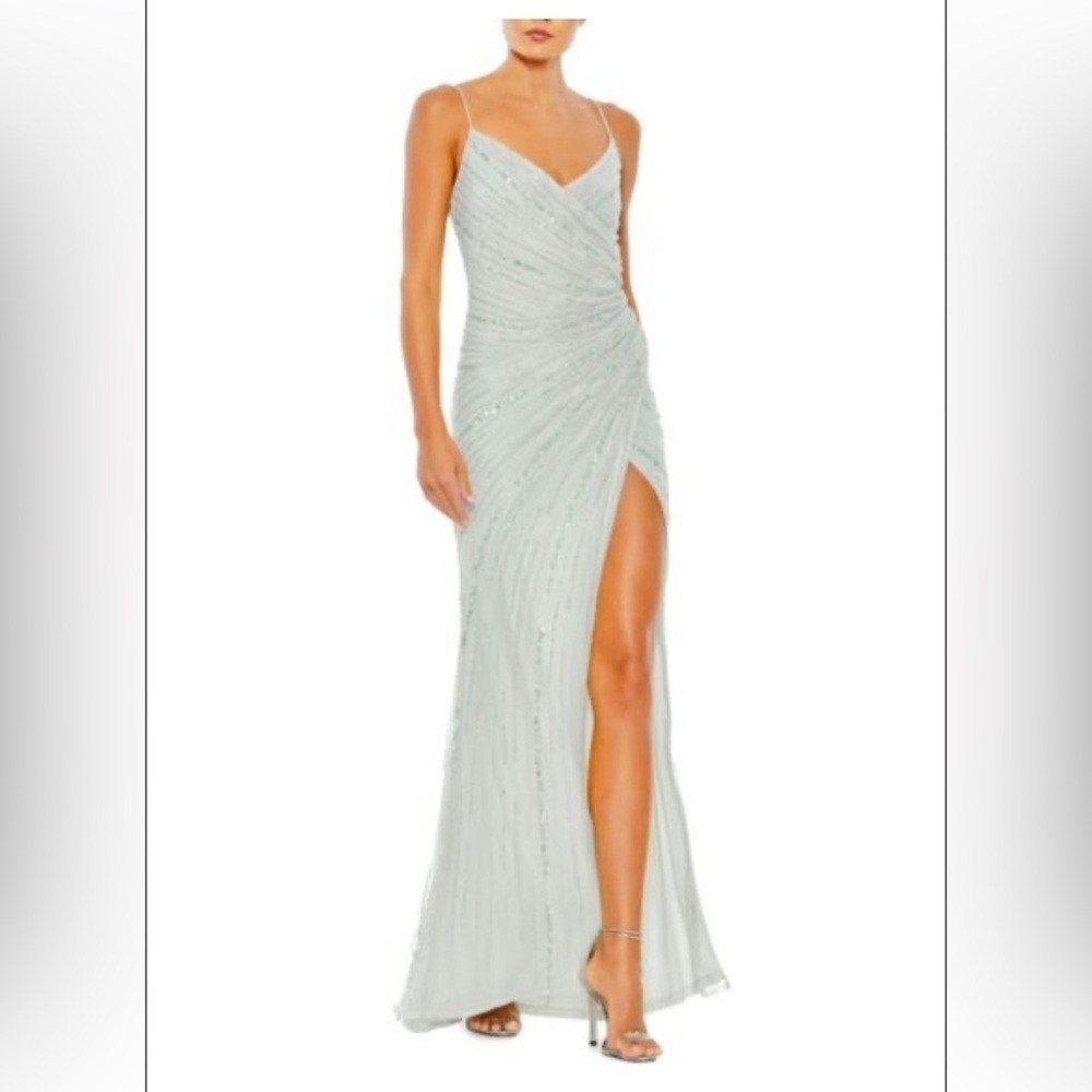 Beaded high slit‎ faux wrap gown Mac Duggal Bridesmaid prom dress gown